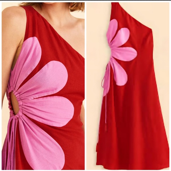 Farm Rio Red One Shoulder Flower Cut-Out Midi Dress Pink Tie Waist Resort Size M - Picture 2 of 11